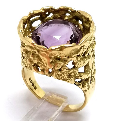 506 - John Donald 18ct hallmarked gold 1968 brutalist ring set with an amethyst in it's original retail le... 