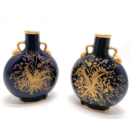 6 - Antique Continental pair of moon flask vases with profuse gilt & enamel bird / floral detail - 20cm ... 