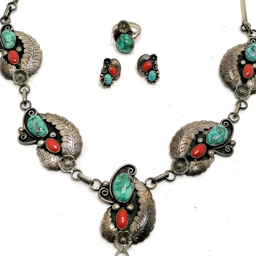 401 - Phil Chapo Navajo American Indian unmarked silver impressive necklace set with turquoise & coral (52... 