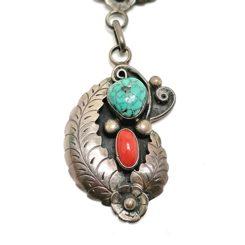 401 - Phil Chapo Navajo American Indian unmarked silver impressive necklace set with turquoise & coral (52... 