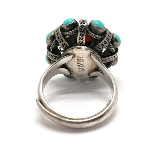 402 - Silver Navajo native American Indian ring set with turquoise & coral with adjustable shank - 7g tota... 