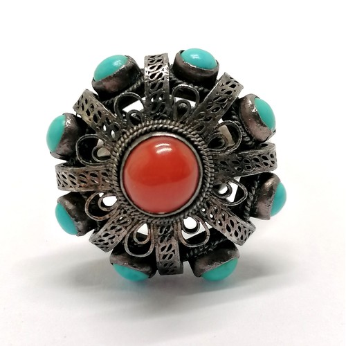 402 - Silver Navajo native American Indian ring set with turquoise & coral with adjustable shank - 7g tota... 