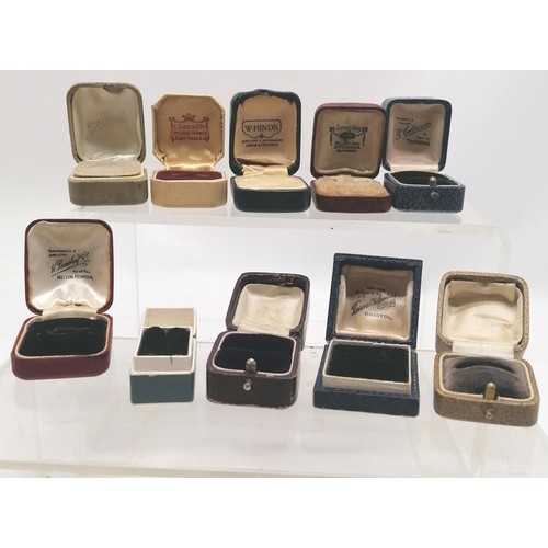 413 - 10 x vintage / antique ring boxes inc Colborne (Trowbridge), James Day (Nottingham), W Hinds, E Bixb... 