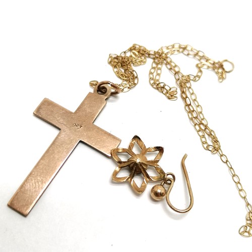 423 - 9ct gold fine 40cm neckchain with antique 9ct gold cross pendant  t/w odd 9ct gold earring - total w... 