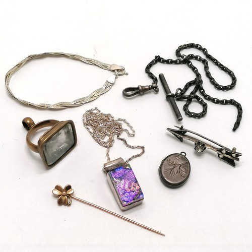 436 - Qty of jewellery inc some antique, fob set with rock crystal (?) - 3cm drop, silver flat link bracel... 