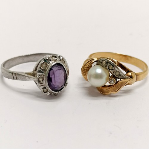 438 - Foreign hallmarked gold pearl & white stone set ring - size N½ & 2.1g total weight t/w foreign silve... 