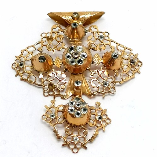 442 - Antique Rouen cross (croix de Rouen) pendant set with strass (rhinestones) - unmarked gold (touch te... 