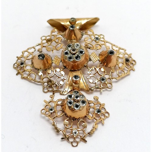 442 - Antique Rouen cross (croix de Rouen) pendant set with strass (rhinestones) - unmarked gold (touch te... 