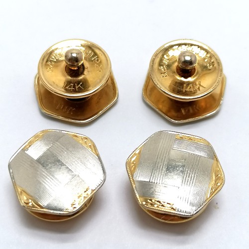 475 - USA 14ct marked 2 colour gold kum-a-part pair of hexagonal studs (1 has dent) - 1.2cm across & 9g to... 