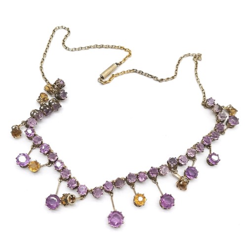 505 - Antique unmarked silver necklace with amethyst / citrine drops - 40cm long & 17.9g total weight