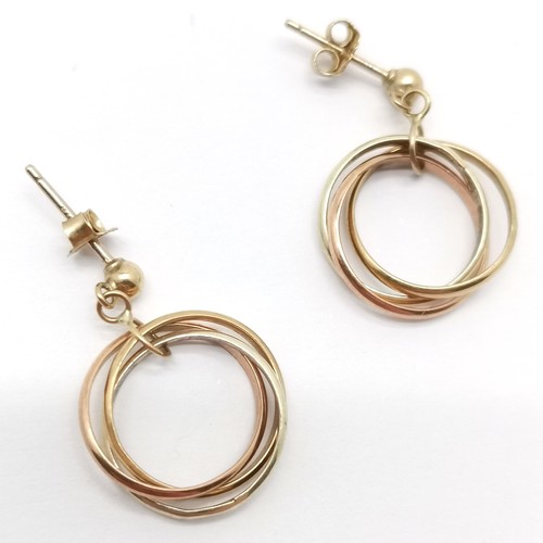 517 - 9ct hallmarked gold tri-colour Russian ring style drop earrings - 2cm drop & 2.8g