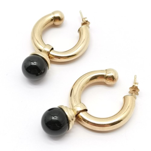 518 - 9ct hallmarked gold hoop earrings with black stone drops - 3.5cm total drop & 8.5g total weight