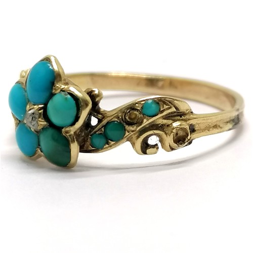 523 - Victorian unmarked gold turquoise / diamond set ring - size T & 2.1g total weight ~ the ring touch t... 