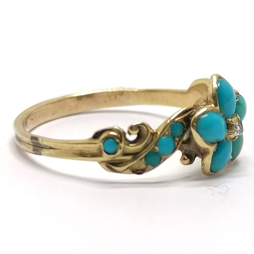 523 - Victorian unmarked gold turquoise / diamond set ring - size T & 2.1g total weight ~ the ring touch t... 