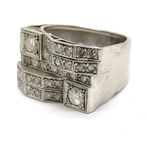 586 - Art Deco diamond set unmarked white metal ring - size M & 6.7g total weight ~ has slight distortion ... 