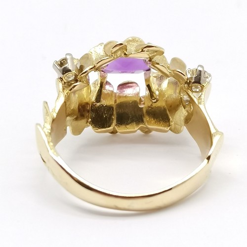 587 - 1972 18ct hallmarked gold Brutalist ring set with amethyst & diamonds by JK - size N & 6.2g total we... 