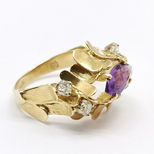 587 - 1972 18ct hallmarked gold Brutalist ring set with amethyst & diamonds by JK - size N & 6.2g total we... 