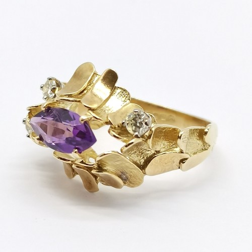 587 - 1972 18ct hallmarked gold Brutalist ring set with amethyst & diamonds by JK - size N & 6.2g total we... 