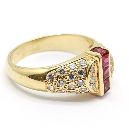 589 - French 18ct marked gold unusual channel set ruby / diamond ring - size M½ & 5.5g total weight