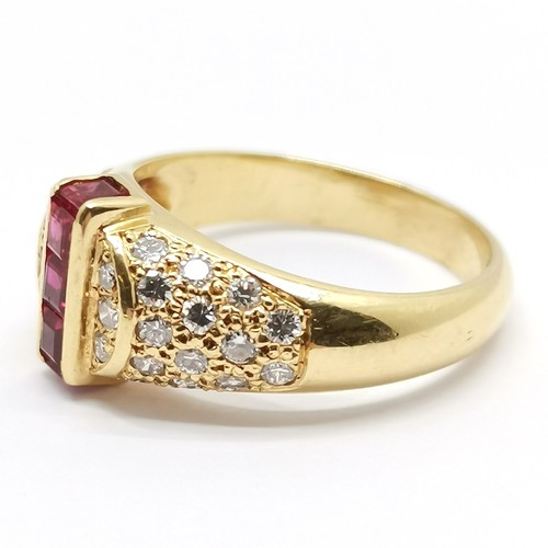 589 - French 18ct marked gold unusual channel set ruby / diamond ring - size M½ & 5.5g total weight