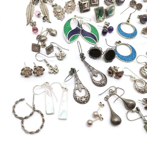 606 - 55 x pairs of silver earrings (some unmarked) inc connemara marble set shamrocks, hedgehog, bee, sto... 