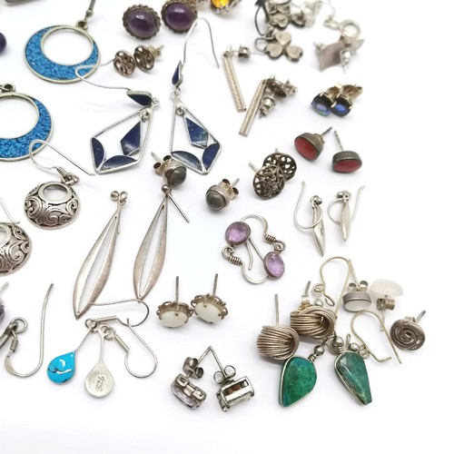 606 - 55 x pairs of silver earrings (some unmarked) inc connemara marble set shamrocks, hedgehog, bee, sto... 