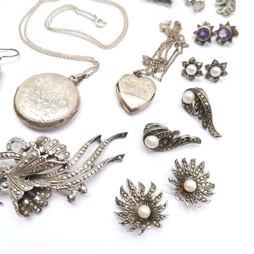 609 - Qty of silver jewellery inc filigree, marcasite set, 2 lockets (largest on 50cm chain) etc - total w... 