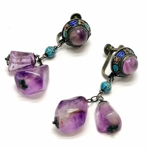 630 - Antique Chinese pair of screw back earrings with amethyst stone & enamel detail - 5cm drop.