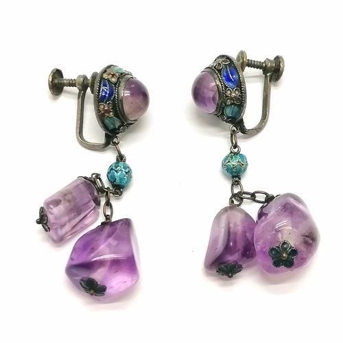 630 - Antique Chinese pair of screw back earrings with amethyst stone & enamel detail - 5cm drop.