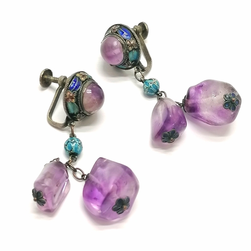 630 - Antique Chinese pair of screw back earrings with amethyst stone & enamel detail - 5cm drop.