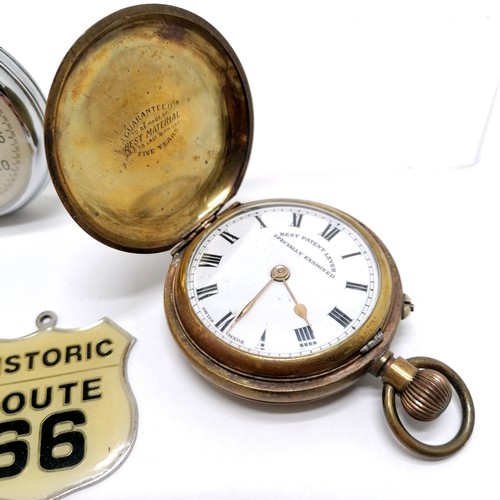 634 - Antique hunter pocket watch (5cm diameter), Sekonda stopwatch (runs), badges etc - watches both run ... 