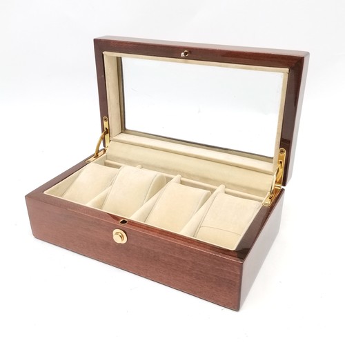 642 - 2 x watch display boxes - black leather is 29.5cm x 11cm x 8.5cm high and has key & mahogany 23cm x ... 