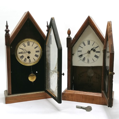 663 - 2 x USA antique mantle clocks with Gothic arch style cases - both have pendulums & 1 has a key ~ tal... 