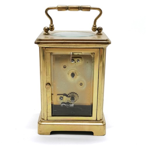 664 - Antique brass cased carriage clock in original red Moroccan leather travel case (13cm high x 10cm x ... 