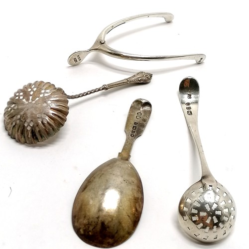 674 - Silver wishbone tongs, Victorian caddy spoon (10cm) & 2 sifting spoons - total weight (4) 56g