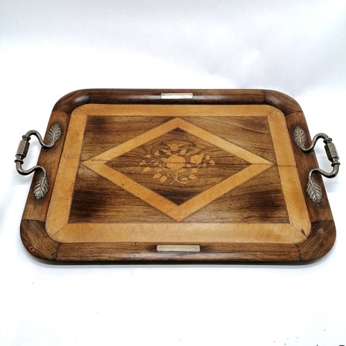 680 - Antique Dutch silver marked handled tray in rosewood & maple with marquetry centre - 70cm across x 4... 