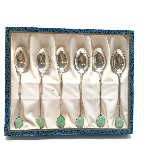 687 - Set of 6 x silver teaspoons with jade panel detail - 12cm long & 56.9g total weight in original box ... 