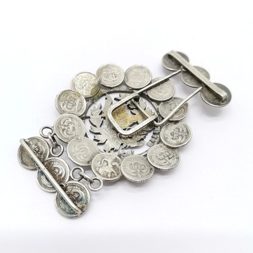 696 - Silver buckle made from coins inc central 1894 Guatemala cut out coin depicting quetzal etc - 7.5cm ... 