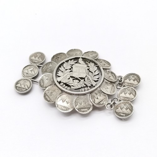 696 - Silver buckle made from coins inc central 1894 Guatemala cut out coin depicting quetzal etc - 7.5cm ... 