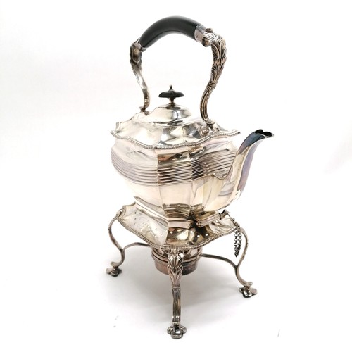 702 - 1910 silver small tea kettle with reeded detail to body and cast gadroon borders on stand terminatin... 