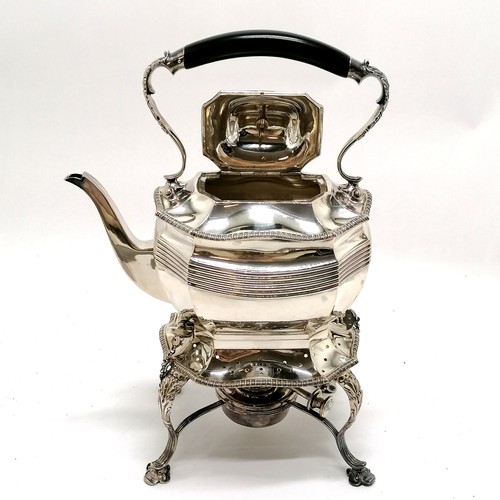 702 - 1910 silver small tea kettle with reeded detail to body and cast gadroon borders on stand terminatin... 