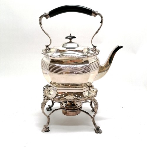 702 - 1910 silver small tea kettle with reeded detail to body and cast gadroon borders on stand terminatin... 