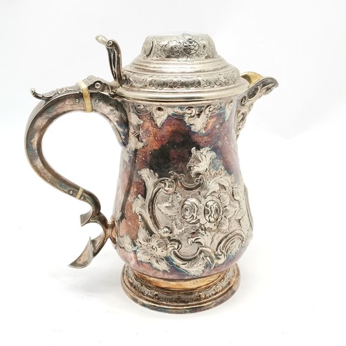 710 - Martin Hall & Co Ltd antique EPNS lidded jug with gilt interior and bachanalian detail to spout & cr... 