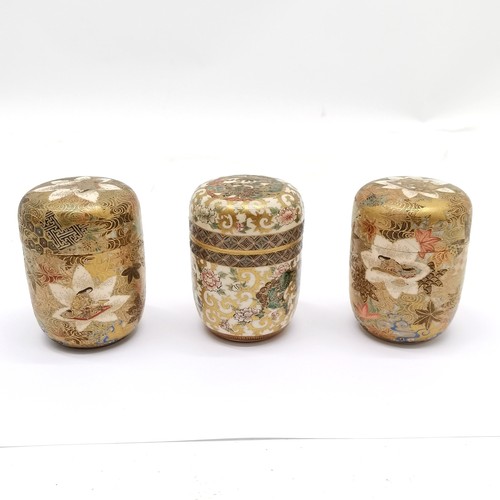 18 - 3 x antique Japanese satsuma lidded pots with profuse decoration - 7.5cm high ~ 2 lids have been rep... 