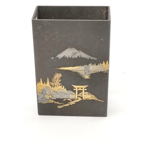 19 - Japanese Amita damascene lidded wooden box (14.5cm x 10.5cm x 4.5cm) t/w matching matchbox holder