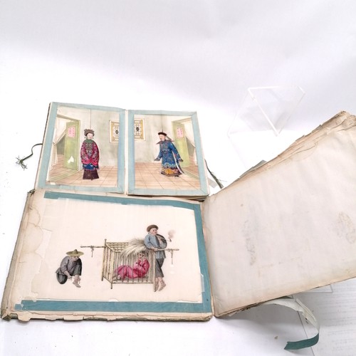 20 - 2 x antique Chinese albums of rice paper paintings - largest album (containing torture scenes) 34.5c... 