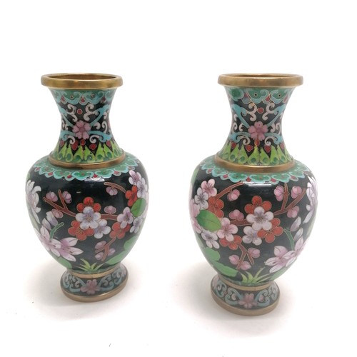 21 - Pair of Chinese cloisonne vases of black grounded floral design - 16cm high t/w antique Imari patter... 