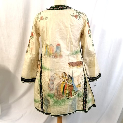 30 - Indian cream silk dress coat with hand painted scenes 88cm bust - slight toning to the shoulders but... 