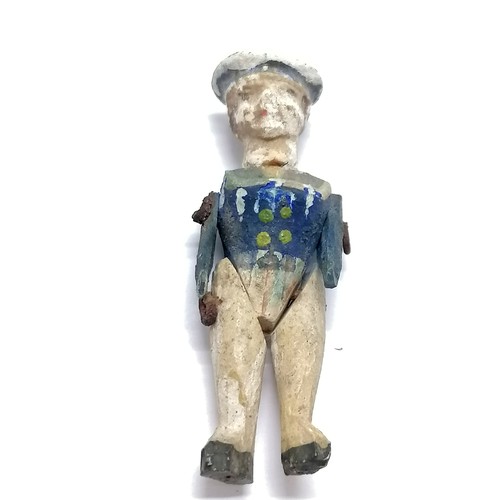 52 - Antique unusual sailor boy miniature peg doll with wooden jointed arms & legs and original paint det... 