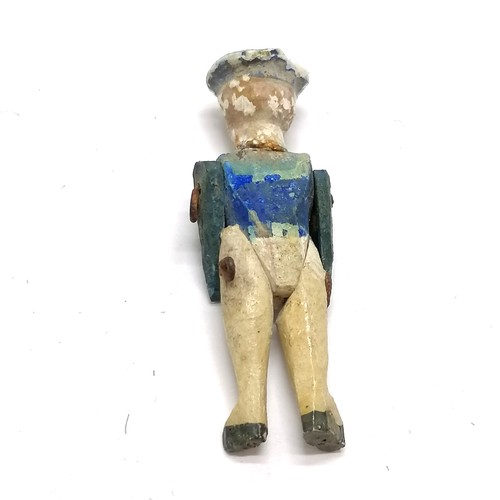 52 - Antique unusual sailor boy miniature peg doll with wooden jointed arms & legs and original paint det... 